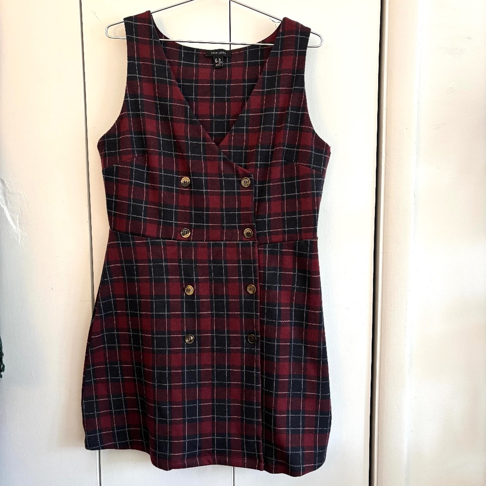 Double-Breasted Plaid Pinafore Dress by New Look